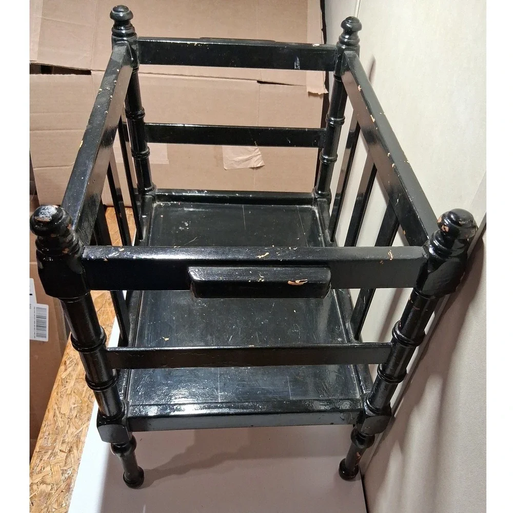 Vintage Black Wooden Spindle Magazine Rack Floor Stand Turned Wood Handle 17x12